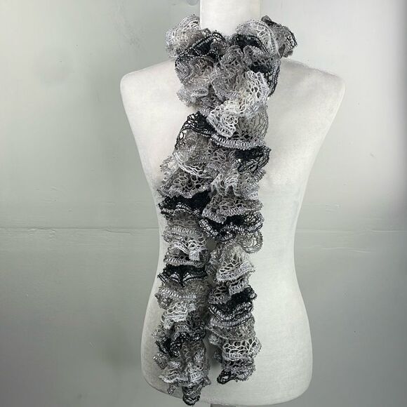 SCARF Crocheted Ruffle Scarf White, Gray & Silver Shimmery - Picture 1 of 8